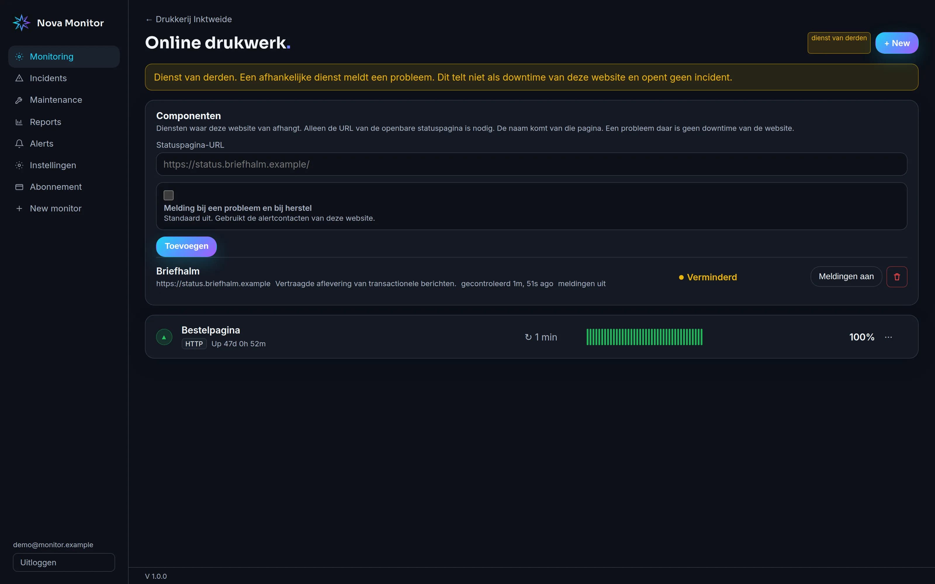 Nova Monitor-overzicht van de onderdelen van een website, inclusief externe diensten zoals e-mailverzending en betalingen (demogegevens)
